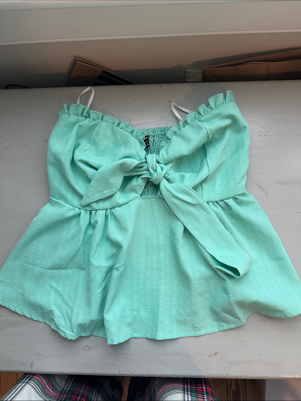 SHEIN Mint Smocked Tie-Front Crop Top